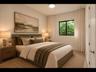 Peaceful bedroom with a black-framed window, floor-to-ceiling curtains, and a soft neutral palette