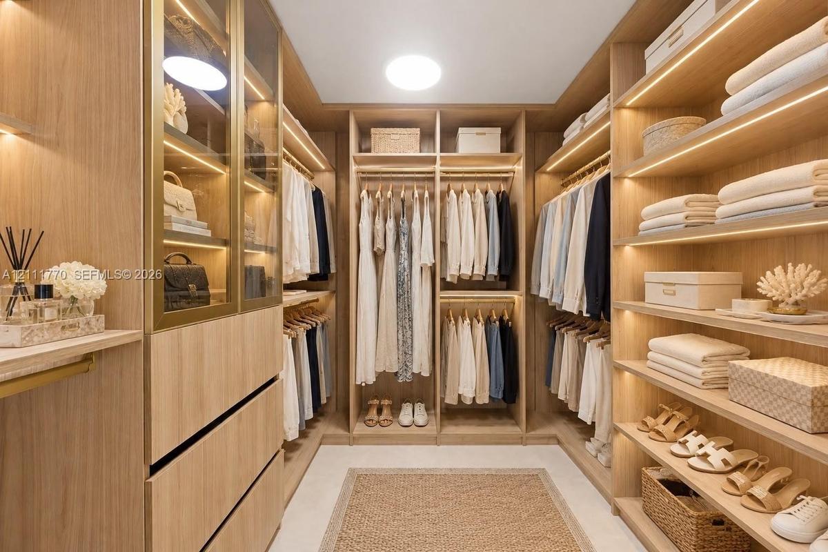 Walk-in closet featuring custom wood-finish cabinetry, integrated linear LED shelving illumination, gold-tone metal hardware, and glass-front display 
