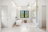 Freestanding soaking tub with wall-mounted faucet, walk-in shower with glass enclosure, dual shower heads, and large-format tile flooring