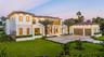 Modern exterior featuring smooth-finish stucco, stone veneer accents, multi-pane floor-to-ceiling windows, a tiled hipped roof, and a segmented concre