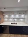 Kitchenette area featuring flat-panel dark cabinetry, integrated stainless steel dishwasher, solid-surface countertop, recessed under-shelf lighting, 