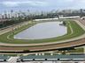 Aerial perspective of an oval racetrack featuring a large central water feature, manicured turf track, dirt perimeter, and established landscaping