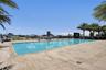Rectangular swimming pool featuring a tile deck, metal perimeter railing, and palm tree landscaping