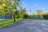 Paved multi-purpose court featuring a basketball hoop, chain-link fencing, and manicured landscaping