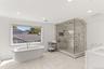 Full bathroom with a freestanding bath, a marble finish shower, vanity, recessed lighting, and ornamental molding