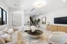 Open-concept living space featuring neutral oversized tile flooring, recessed ceiling lighting, a contemporary flush-mount fixture, black-framed windo