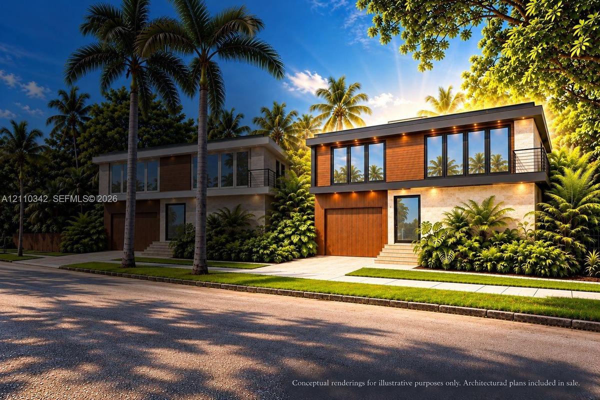 Modern two-story architectural exterior featuring stone facade, wood-finish paneling, expansive glass windows, integrated recessed lighting, and a pri