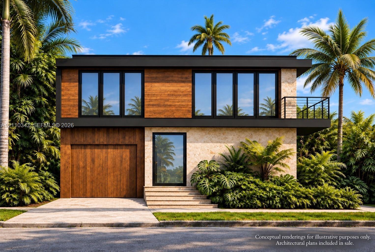 Modern two-story architectural exterior featuring natural stone cladding, wood-finish paneling, an integrated garage, and an upper-level balcony with 