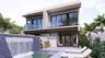 Modern two-story architectural exterior featuring glass balcony railings, a private swimming pool with a tiled water feature, and a built-in outdoor k