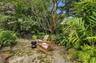 Flagstone patio featuring mature landscaping, dense tropical foliage, and large specimen trees