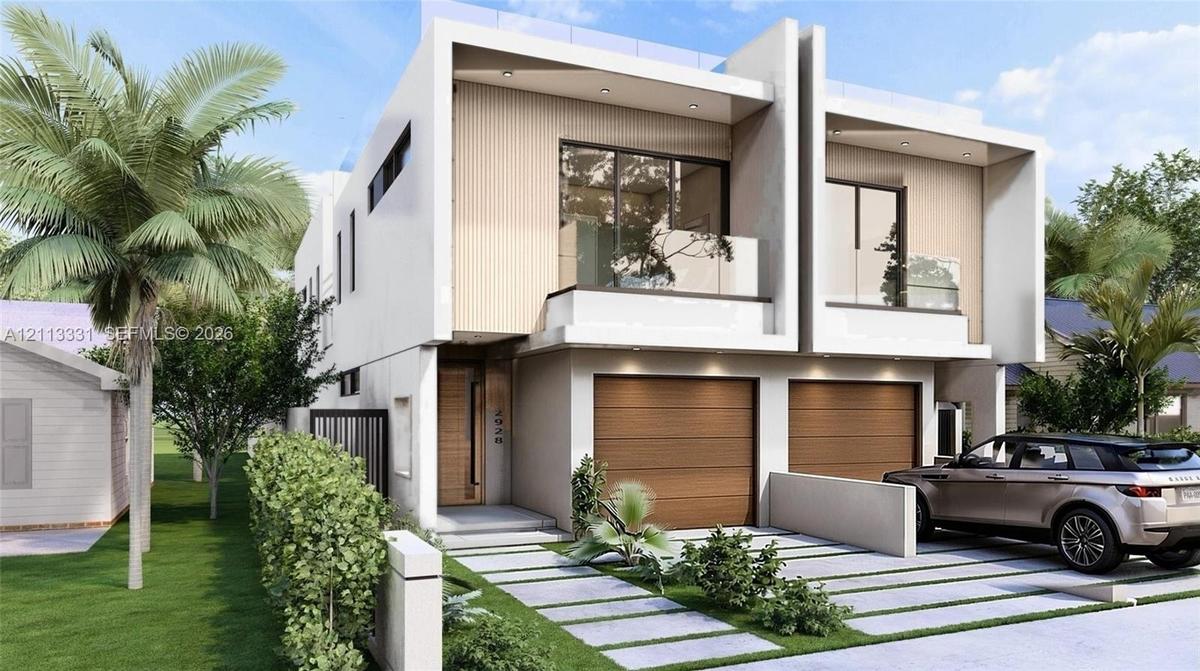 Modern architectural exterior featuring a stucco facade, wood-panel siding, dual built-in garages, second-story balconies with glass railings, and lin