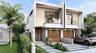 Modern architectural exterior featuring a stucco facade, wood-panel siding, dual built-in garages, second-story balconies with glass railings, and lin