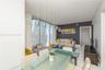 Floor-to-ceiling windows, polished tile flooring, contemporary multi-pendant lighting fixture, and a bold accent wall