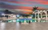 Swimming pool with mosaic tile border, covered outdoor pavilion, stone-finish patio, and balustrade railing