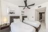 Polished tile flooring, matte black five-blade ceiling fan, and recessed lighting