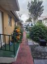 Exterior walkway featuring a concrete path, painted concrete stoops, green metal railings, and mature landscaping
