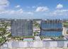 High-rise residential towers featuring expansive glass curtain wall facades, integrated swimming pool, landscaped outdoor ground-level area, and concr