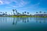 Waterfront property featuring a serene lake, manicured landscaping, and mature palm trees