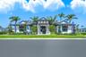 Single-story exterior featuring a hip roof, white stucco facade, dark window awnings, and landscaped perimeter