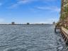 Waterfront setting featuring a concrete seawall, wooden dock, and palm trees