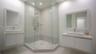 Dual floating vanities featuring rectangular vessel sinks and white cabinetry, paired with a glass-enclosed shower with polished chrome fixtures and t