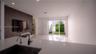 Open-concept interior featuring a solid-surface kitchen island, recessed lighting, white tile flooring, a textured accent wall, and sliding glass door