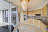 Kitchen featuring light-finish cabinetry, stone countertops with a matching full-height backsplash, polished stone flooring, integrated stainless stee