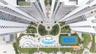 Aerial perspective of high-rise condominium complex featuring a central courtyard with structured landscaping, a swimming pool, a tennis court, and pa