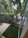 Private balcony featuring decorative metal railings and mature tropical foliage