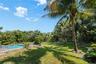 Backyard featuring an in-ground swimming pool, concrete pool deck, mature palm trees, perimeter fencing, and expansive green space