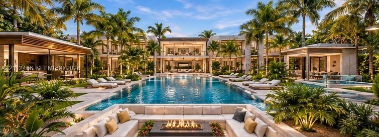 Custom swimming pool with stone decking, integrated fire pit with perimeter seating, covered outdoor structures, and mature palm landscaping