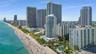 Aerial coastal perspective featuring direct beach access, high-rise residential architecture, and ground-level outdoor swimming pools