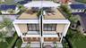 Contemporary duplex exterior featuring a rooftop deck with wood-finish decking, glass panel railings, and dual-car garages with segmented doors