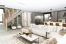 Open-concept kitchen featuring flat-panel cabinetry and stainless steel appliances, glass-enclosed wine storage, and a cable-railing staircase with wo