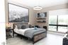 Wood-finish flooring, large window with integrated roller shade, contemporary circular chandelier, and dual wall-mounted floating shelves