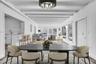 Open-concept area featuring white vertical wood paneling, exposed white ceiling beams, tiered modern chandelier, and multiple large windows