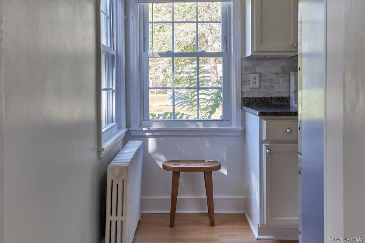 Detailed view of radiator, decorative backsplash, and wood finished floors