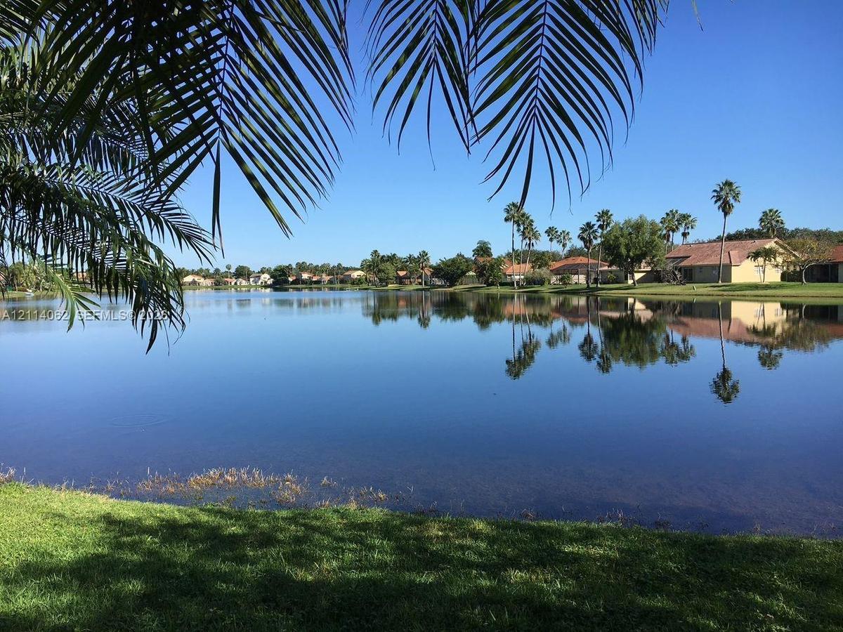 Waterfront property featuring a clear lake, manicured grass shoreline, and mature palm trees