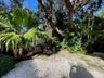 Flagstone patio featuring white gravel borders, mature trees, and established tropical vegetation