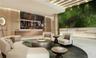 Lobby featuring a built-in stone service desk, textured wood-paneled walls, a multi-tiered stone water feature, and a vertical garden wall with integr