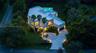 Contemporary multi-level residence featuring a flat roofline, circular decorative concrete driveway, attached multi-car garage, and an elevated swimmi