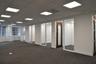 Open-concept office space featuring a drop ceiling with recessed panel lighting, floor-to-ceiling windows, neutral carpet flooring, and glass-paneled 