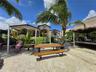 Outdoor living area featuring a covered patio, a thatched-roof tiki hut, sandy shoreline, and mature palm trees