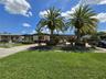 Single-story exterior featuring a paver driveway, mature palm trees, professional landscaping, and a manicured lawn