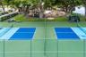 Dual pickleball courts featuring perimeter chain-link fencing, mature shade trees, and a ground-level recreational area