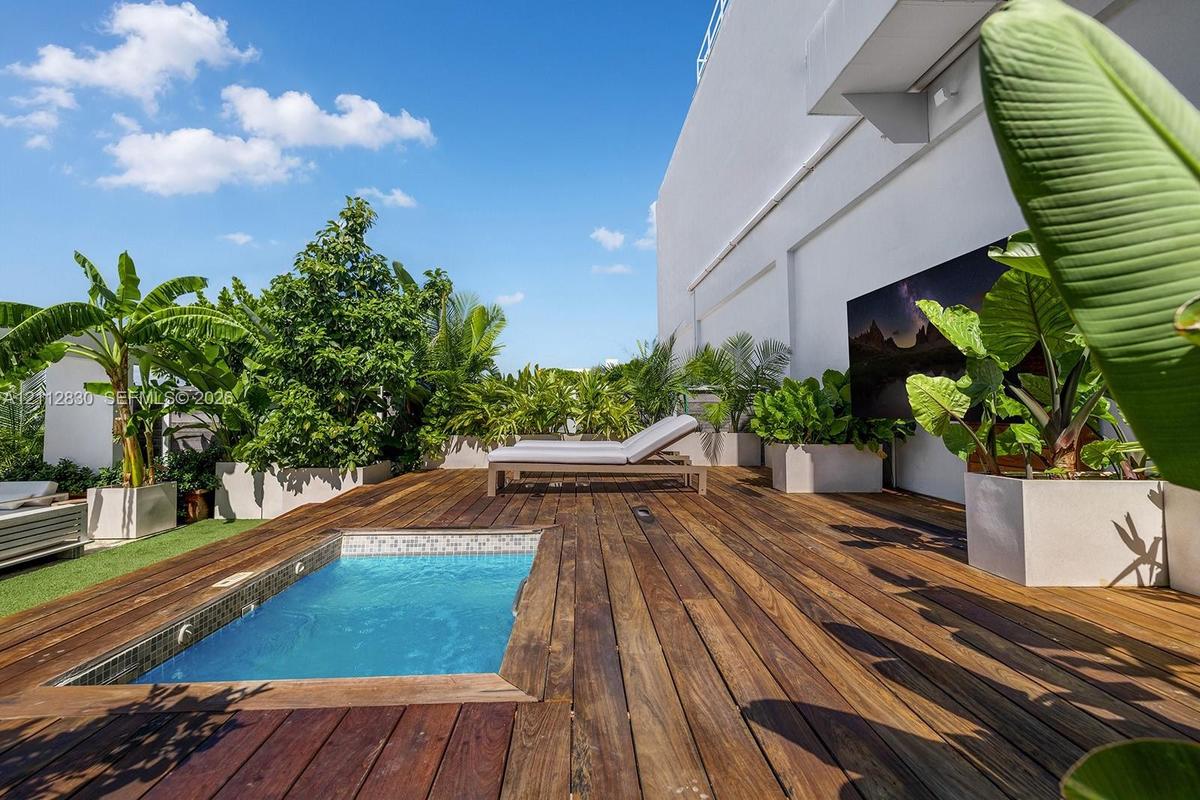 Rooftop terrace featuring wood-plank decking, an integrated plunge pool with mosaic tile surround, and custom concrete planters