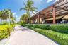 Outdoor paver walkway bordered by manicured hedging and palm trees, featuring an expansive wood-frame pergola with mounted outdoor cooling fans