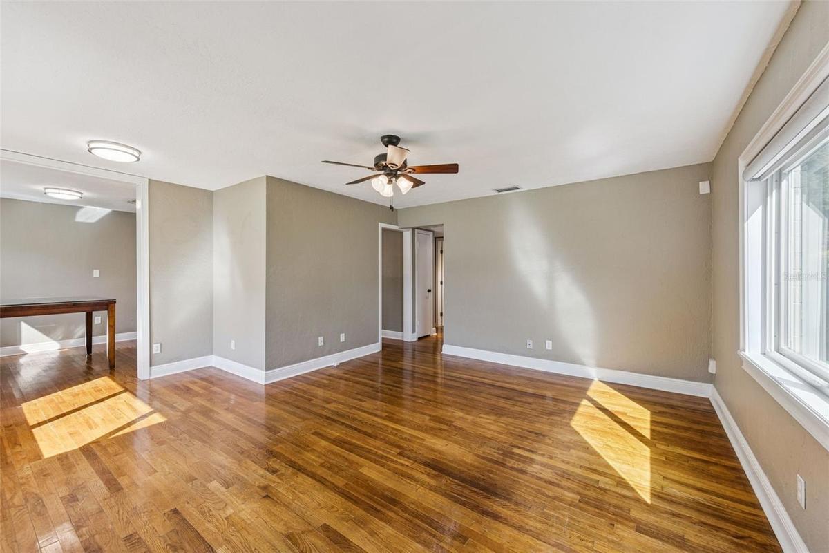 Family room with a dining room view