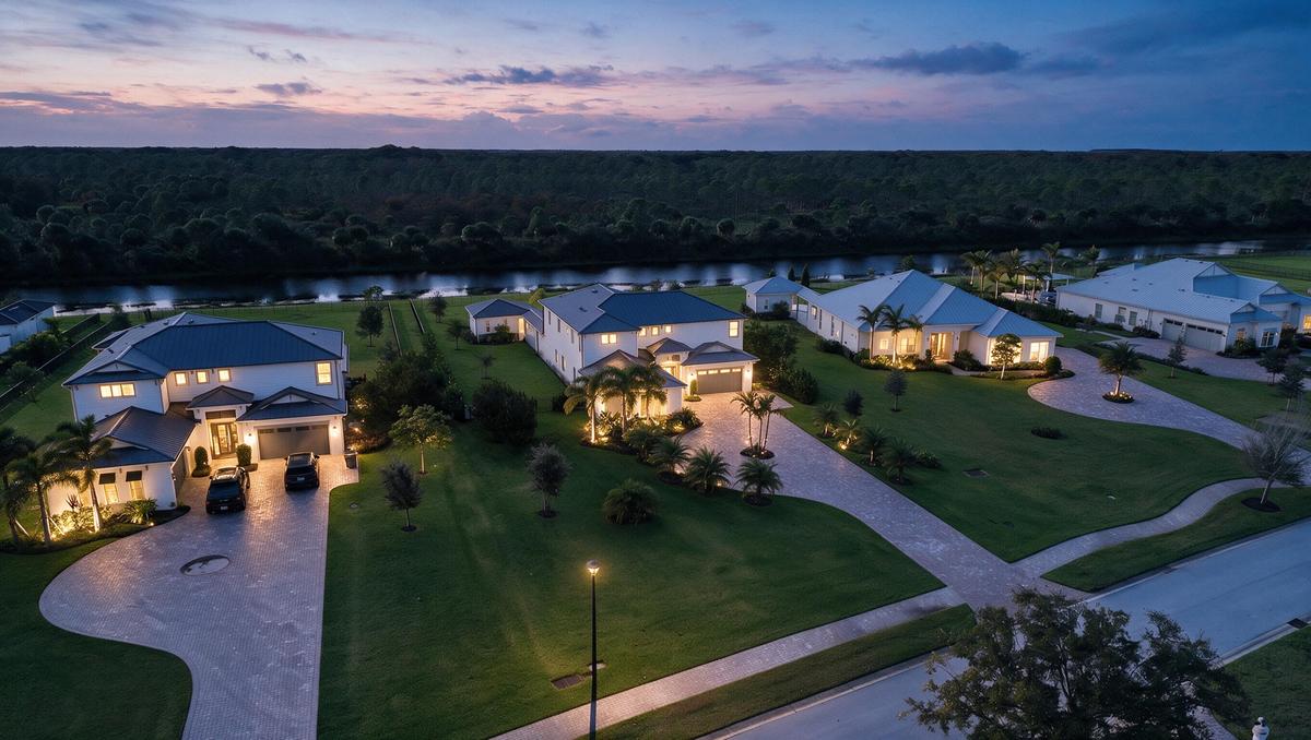 Aerial perspective of waterfront properties featuring multi-story residences, paved driveways, hipped rooflines, and manicured lawns