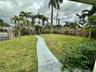 Expansive yard featuring mature palm trees, a concrete walkway, and wood perimeter fencing
